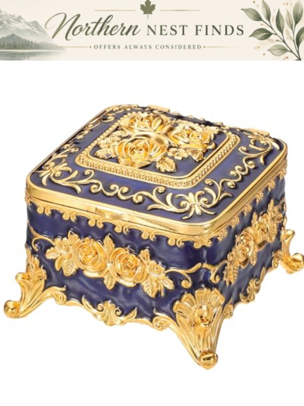 Vintage Metal Jewelry Box Square Trinket Organizer Storage for Rings Earrings
